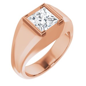 Rose gold signet ring featuring a large princess cut lab-grown diamond.