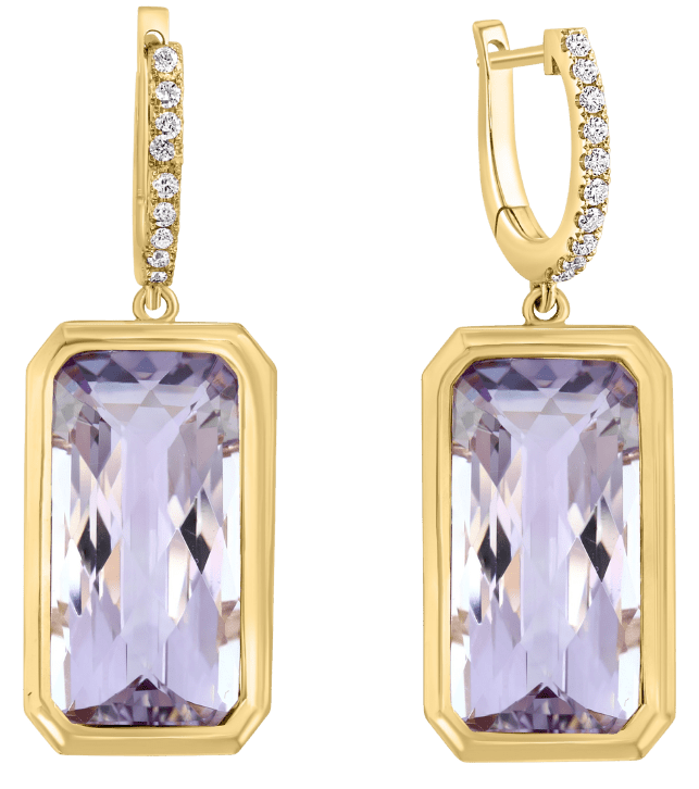 Cushion-Cut Amethyst & Diamond Bezel Drop Earrings in 14K Yellow Gold