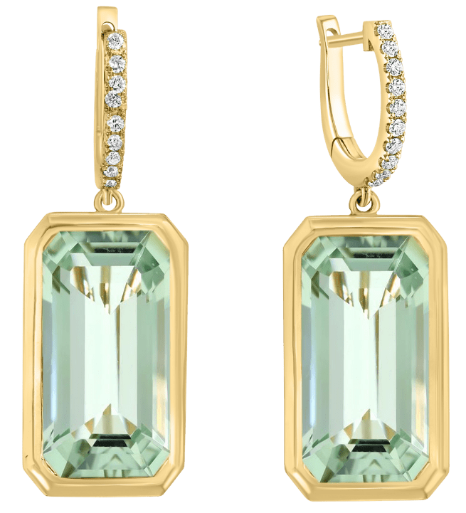 A pair of gold drop earrings featuring rectangular emerald-cut light green gemstones and small clear stones along the top hooks, shown on a plain white background.
