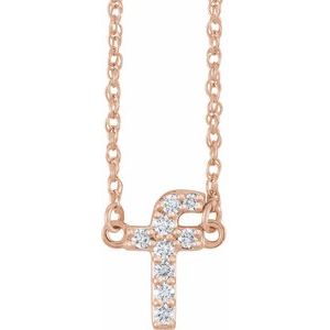 Rose gold initial letter F pendant necklace encrusted with sparkling diamonds.
