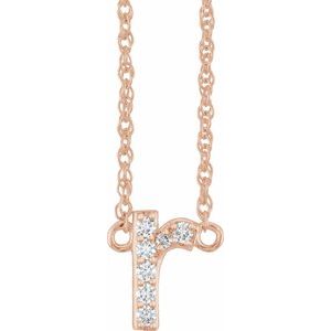 Rose gold initial T necklace featuring pave diamonds