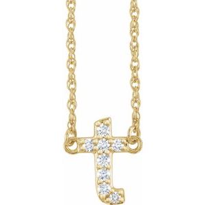 14k gold letter T pendant necklace with sparkling diamonds.