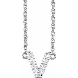 Silver initial V pendant necklace encrusted with sparkling diamonds.