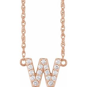 Rose gold initial W necklace encrusted with sparkling diamonds.