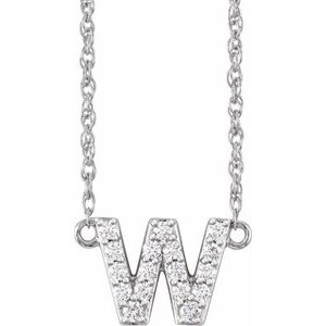 Silver initial W pendant necklace encrusted with sparkling diamonds.