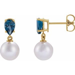 Cultured Pearl & Natural London Blue Topaz Earrings - Pear Cut