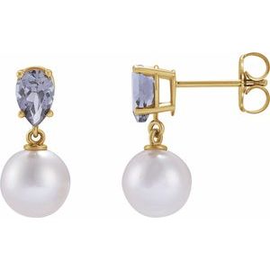 Cultured Pearl & Natural Tanzanite Earrings - Pear Cut