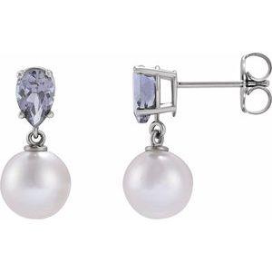Cultured Pearl & Natural Tanzanite Earrings - Pear Cut