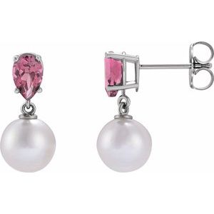 Cultured Pearl & Natural Pink Tourmaline Earrings - Pear Cut