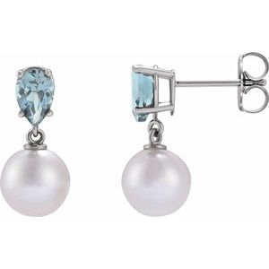 Cultured Pearl & Natural Aquamarine Earrings - Pear Cut