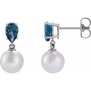 Cultured Pearl & Natural London Blue Topaz Earrings - Pear Cut