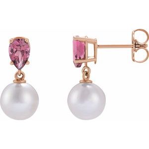 Cultured Pearl & Natural Pink Tourmaline Earrings - Pear Cut