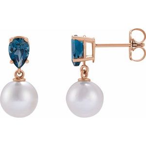 Cultured Pearl & Natural London Blue Topaz Earrings - Pear Cut