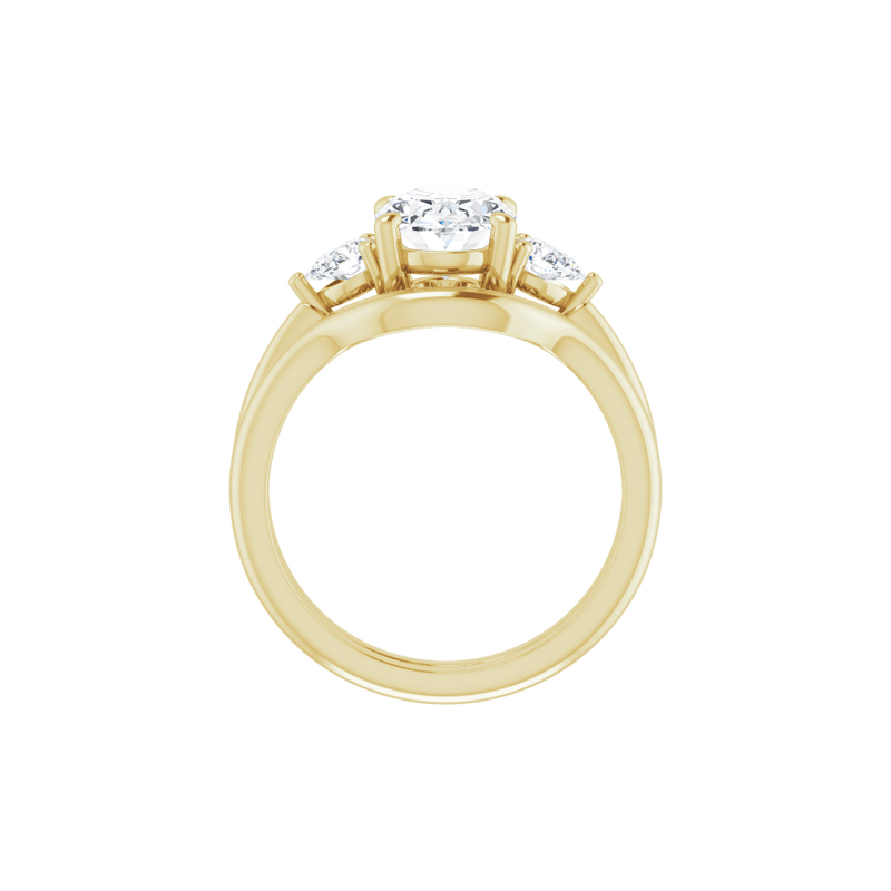 Three-stone diamond ring in yellow gold with a large center brilliant-cut diamond.