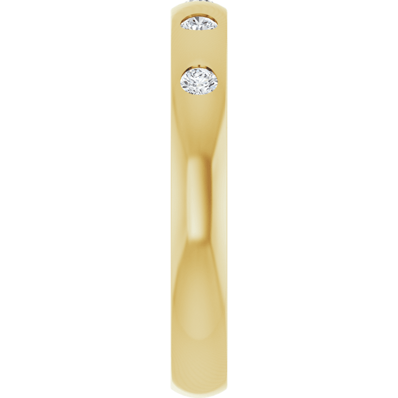 Gold ring band featuring three round brilliant-cut diamonds in a bezel setting.