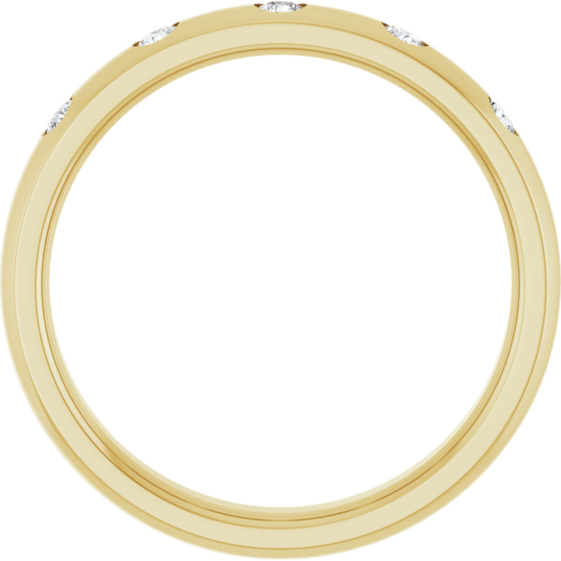 Yellow gold wedding band set with small inlaid diamonds.