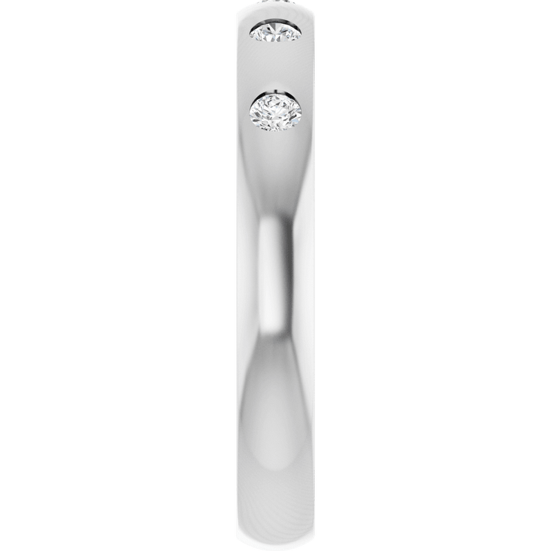 Side view of a white gold ring featuring two round brilliant-cut diamonds.