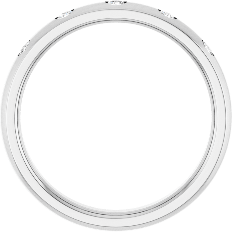 Elegant white gold wedding band featuring inlaid round brilliant diamonds.