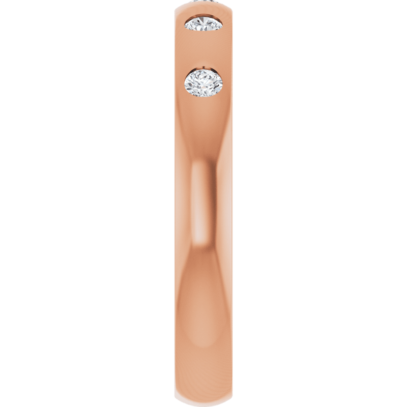 Rose gold ring featuring three brilliant round-cut diamonds in a minimalist band.