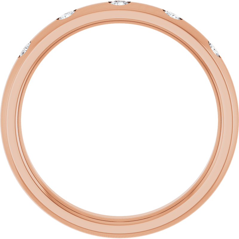 Rose gold wedding band set with inlaid round brilliant diamonds.