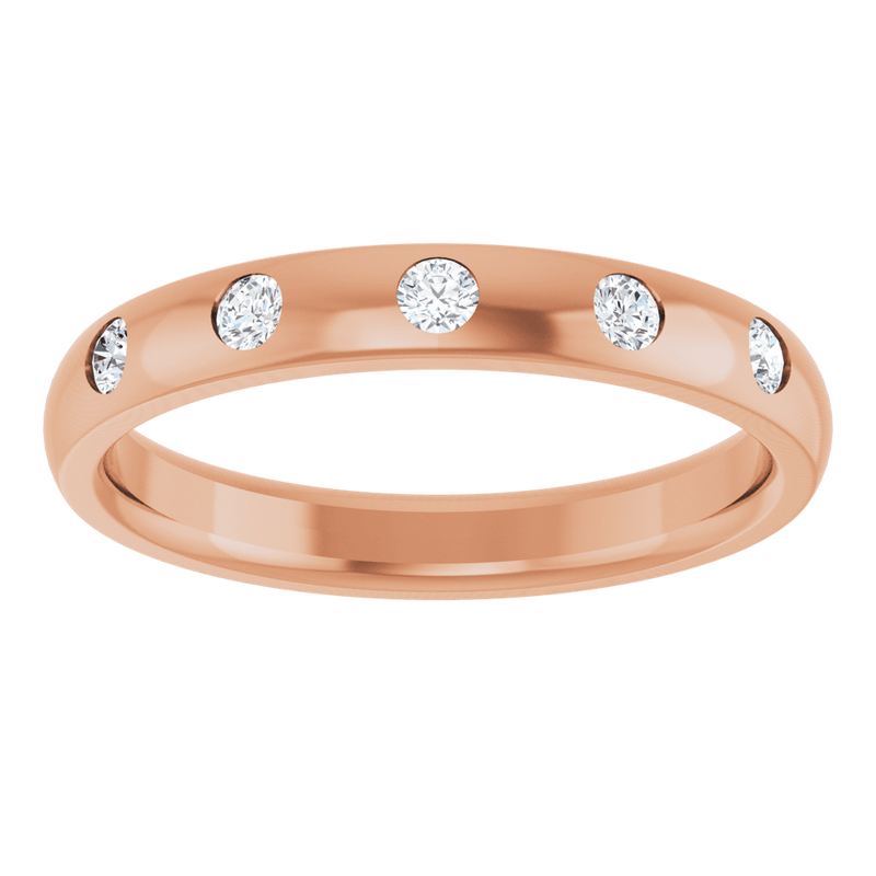 Rose gold ring featuring five round brilliant-cut lab-grown diamonds set in a polished band.