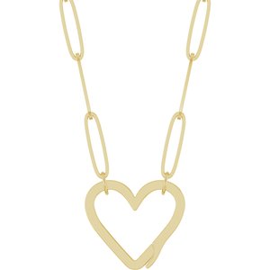 Gold link chain necklace featuring a large open heart pendant