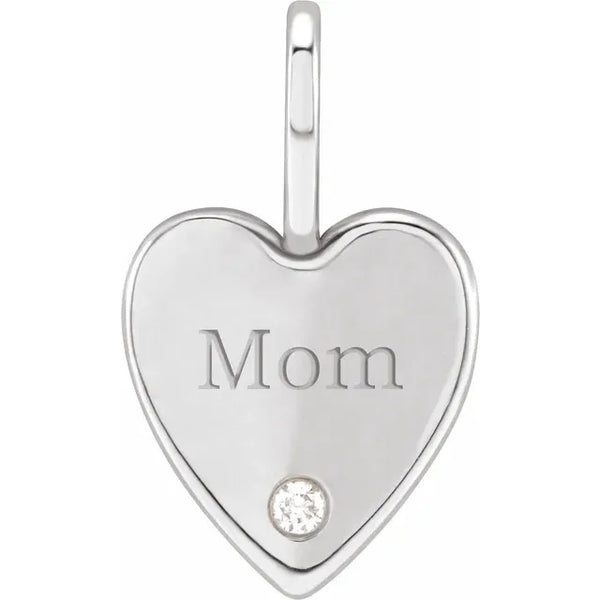 Natural Diamond Engraved Mom Heart Charm Pendant