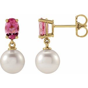 Cultured Pearl & Natural Pink Tourmaline Earrings - Oval Cut