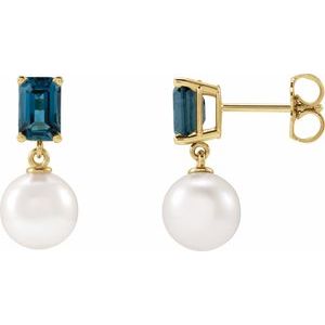 Cultured Pearl & Natural London Blue Topaz Earrings - Emerald Cut