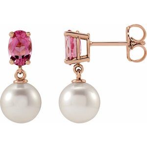 Cultured Pearl & Natural Pink Tourmaline Earrings - Oval Cut