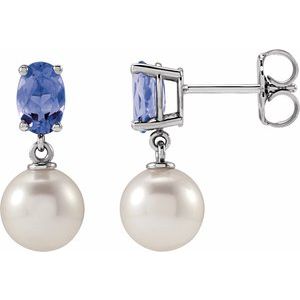 Cultured Pearl & Natural Tanzanite Earrings - Oval Cut