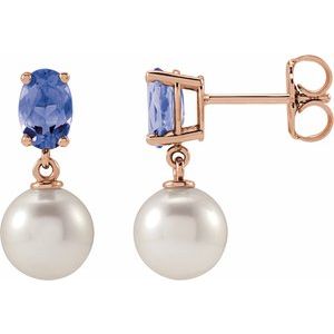 Cultured Pearl & Natural Tanzanite Earrings - Oval Cut