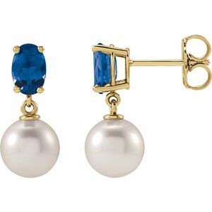 Cultured Pearl & Natural London Blue Topaz Earrings - Oval Cut