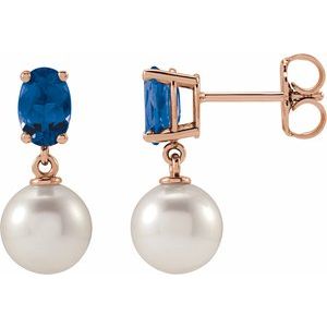 Cultured Pearl & Natural London Blue Topaz Earrings - Oval Cut