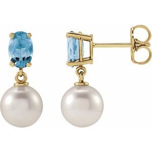 Cultured Pearl & Natural Aquamarine Earrings - Oval Cut