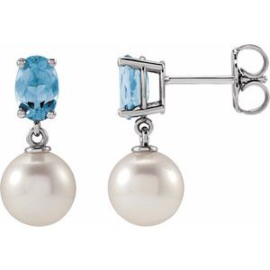 Cultured Pearl & Natural Aquamarine Earrings - Oval Cut