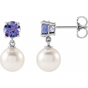 Cultured Pearl & Natural Tanzanite Earrings - Round Cut
