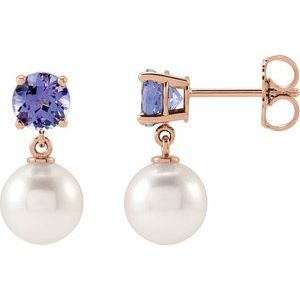 Cultured Pearl & Natural Tanzanite Earrings - Round Cut