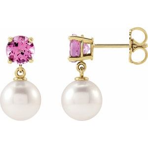 Cultured Pearl & Natural Pink Tourmaline Earrings - Round Cut