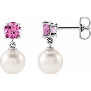 Cultured Pearl & Natural Pink Tourmaline Earrings - Round Cut