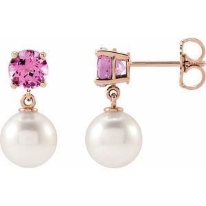 Cultured Pearl & Natural Pink Tourmaline Earrings - Round Cut