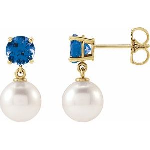 Cultured Pearl & Natural London Blue Topaz Earrings - Round Cut