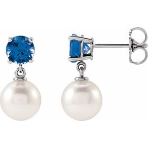 Cultured Pearl & Natural London Blue Topaz Earrings - Round Cut