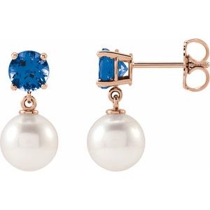 Cultured Pearl & Natural London Blue Topaz Earrings - Round Cut