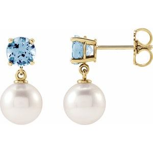 Cultured Pearl & Natural Aquamarine Earrings - Round Cut