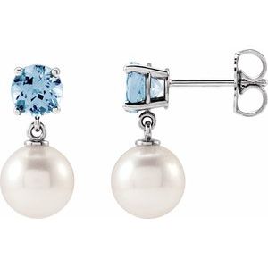 Cultured Pearl & Natural Aquamarine Earrings - Round Cut