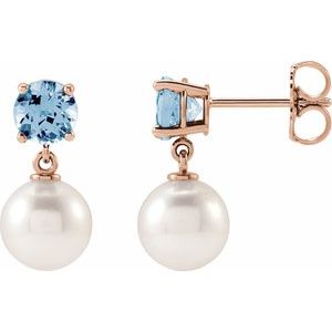 Cultured Pearl & Natural Aquamarine Earrings - Round Cut