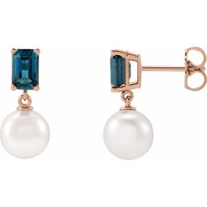 Cultured Pearl & Natural London Blue Topaz Earrings - Emerald Cut