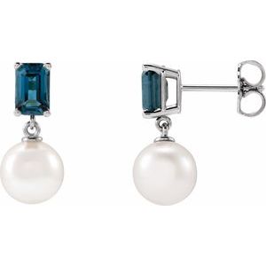 Cultured Pearl & Natural London Blue Topaz Earrings - Emerald Cut