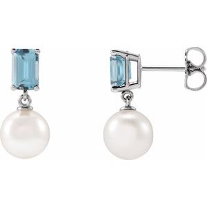 Cultured Pearl & Natural Aquamarine Earrings - Emerald Cut